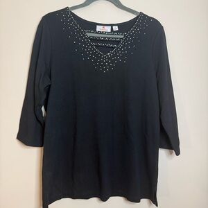 Quacker Factory Black Embellished 3/4 Sleeve Blouse